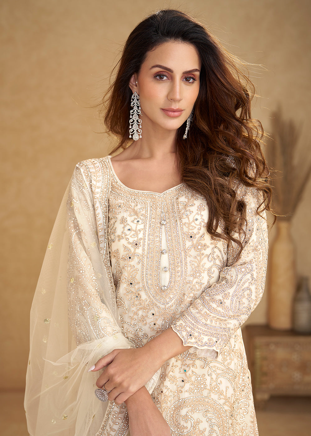 Buy Now Net Off White Embroidered Eid Wear Palazzo Suit Online in New York, Las Vegas, Newark, Chicago, Houston, Fremont, Dubai, Utah & Worldwide at Empress.