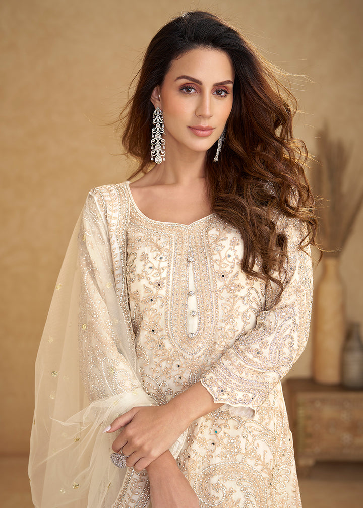 Buy Now Net Off White Embroidered Eid Wear Palazzo Suit Online in New York, Las Vegas, Newark, Chicago, Houston, Fremont, Dubai, Utah & Worldwide at Empress.