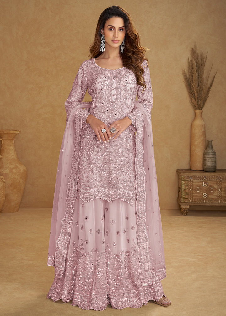 Buy Now Net Lilac Pink Embroidered Eid Wear Palazzo Suit Online in New York, Las Vegas, Newark, Chicago, Houston, Fremont, Dubai, Utah & Worldwide at Empress.