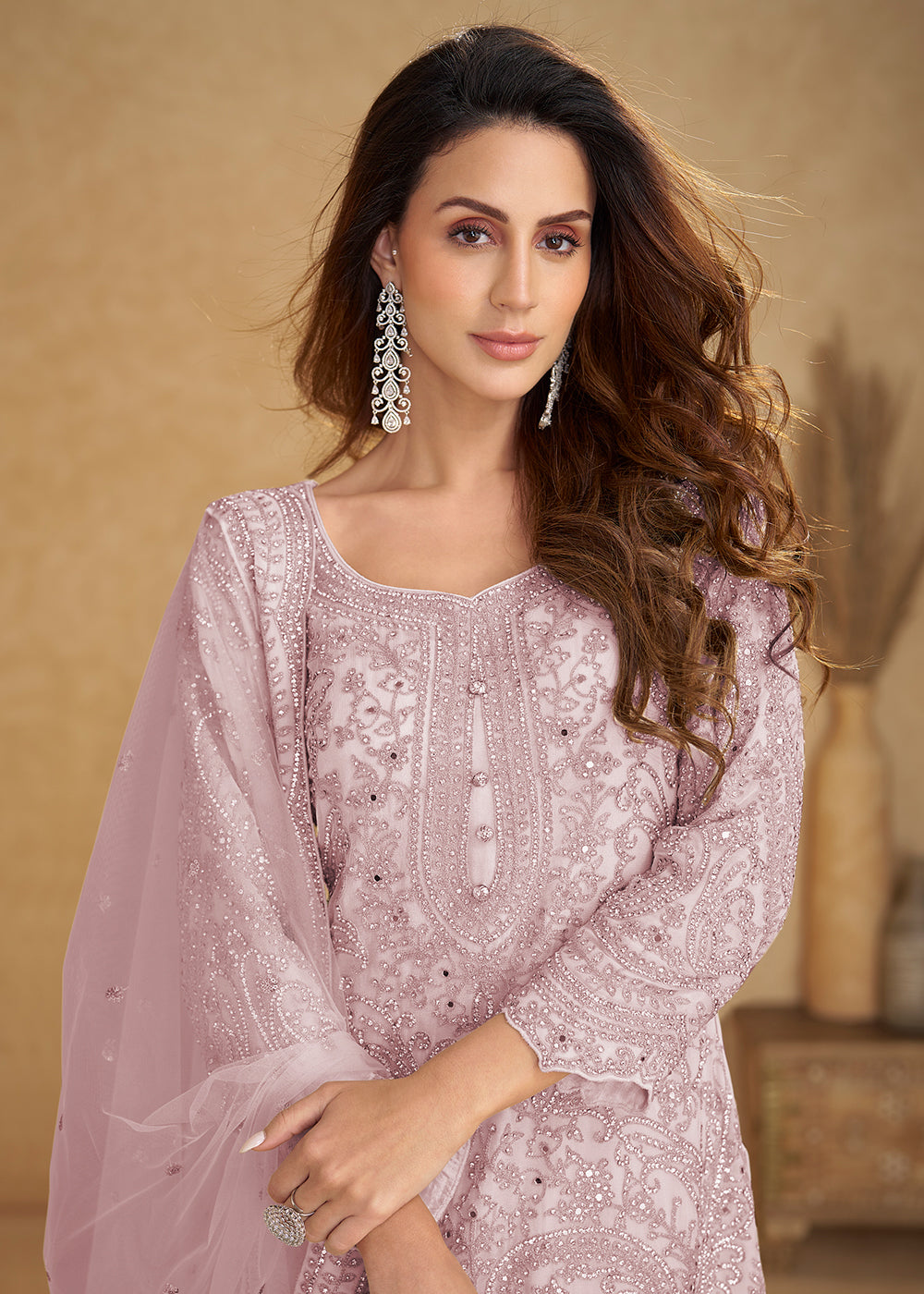 Buy Now Net Lilac Pink Embroidered Eid Wear Palazzo Suit Online in New York, Las Vegas, Newark, Chicago, Houston, Fremont, Dubai, Utah & Worldwide at Empress.