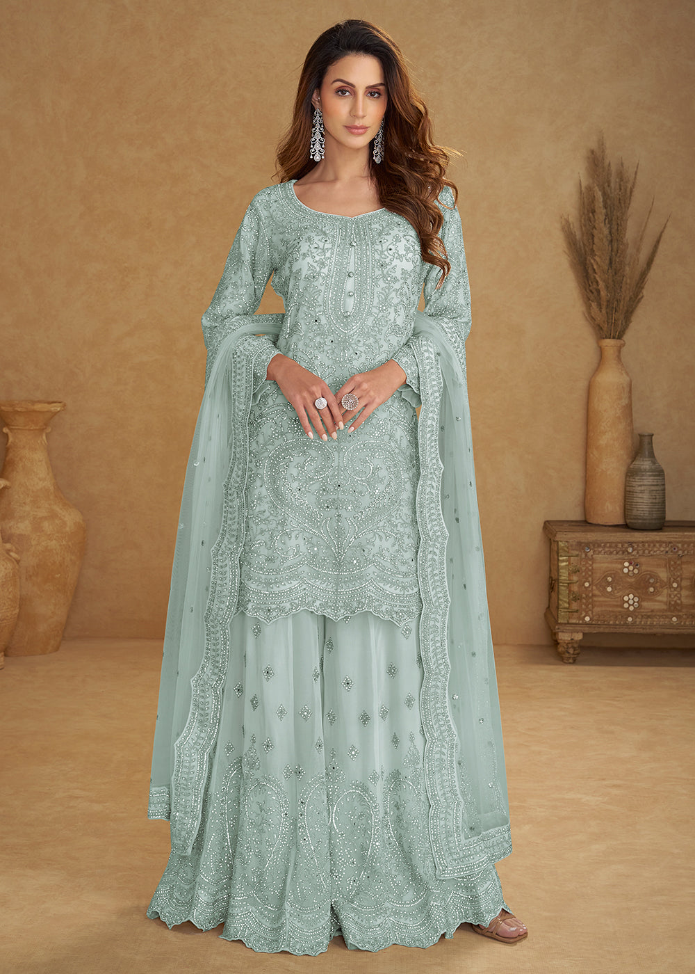Buy Now Net Ice Blue Embroidered Eid Wear Palazzo Suit Online in New York, Las Vegas, Newark, Chicago, Houston, Fremont, Dubai, Utah & Worldwide at Empress.