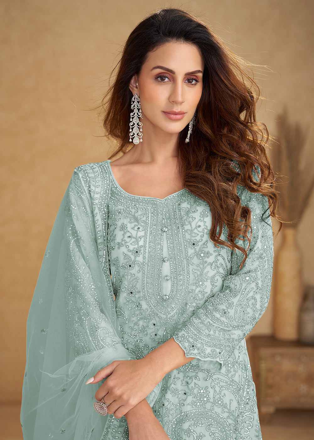 Buy Now Net Ice Blue Embroidered Eid Wear Palazzo Suit Online in New York, Las Vegas, Newark, Chicago, Houston, Fremont, Dubai, Utah & Worldwide at Empress.