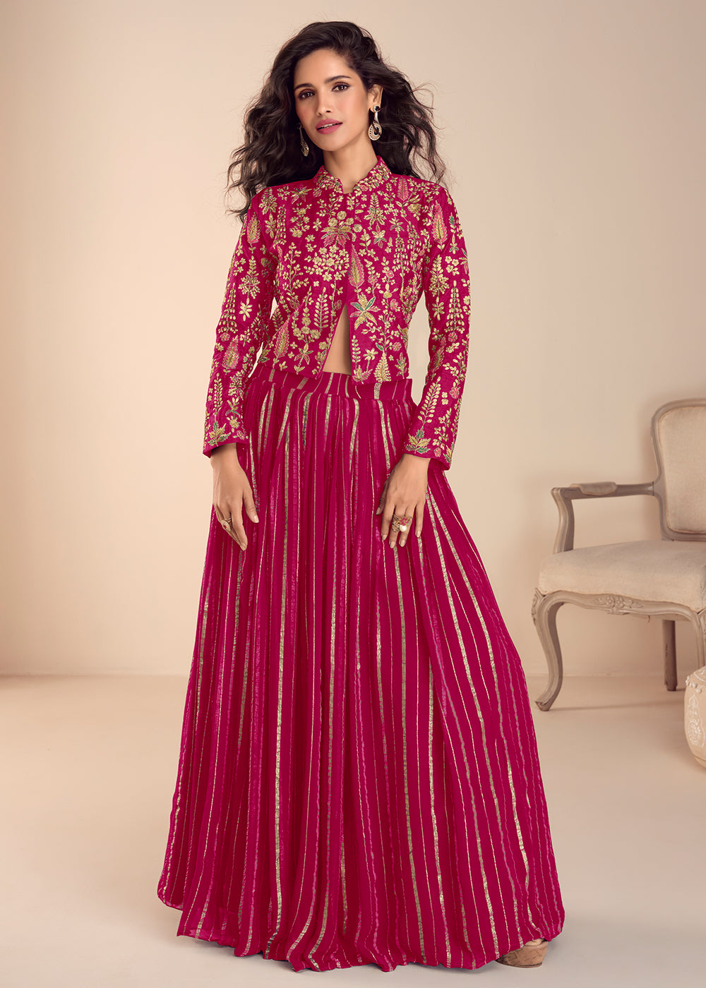 Buy Now Pink Stylist Top Style Skirt Silk Indo Western Dress Online in US, UK, Canada, Netherlands, Germany, Italy, France, Sweden, UAE & Worldwide at Empress.