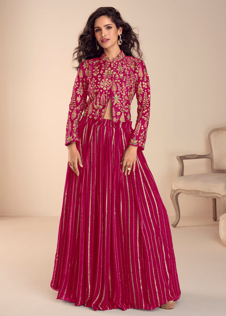 Buy Now Pink Stylist Top Style Skirt Silk Indo Western Dress Online in US, UK, Canada, Netherlands, Germany, Italy, France, Sweden, UAE & Worldwide at Empress.