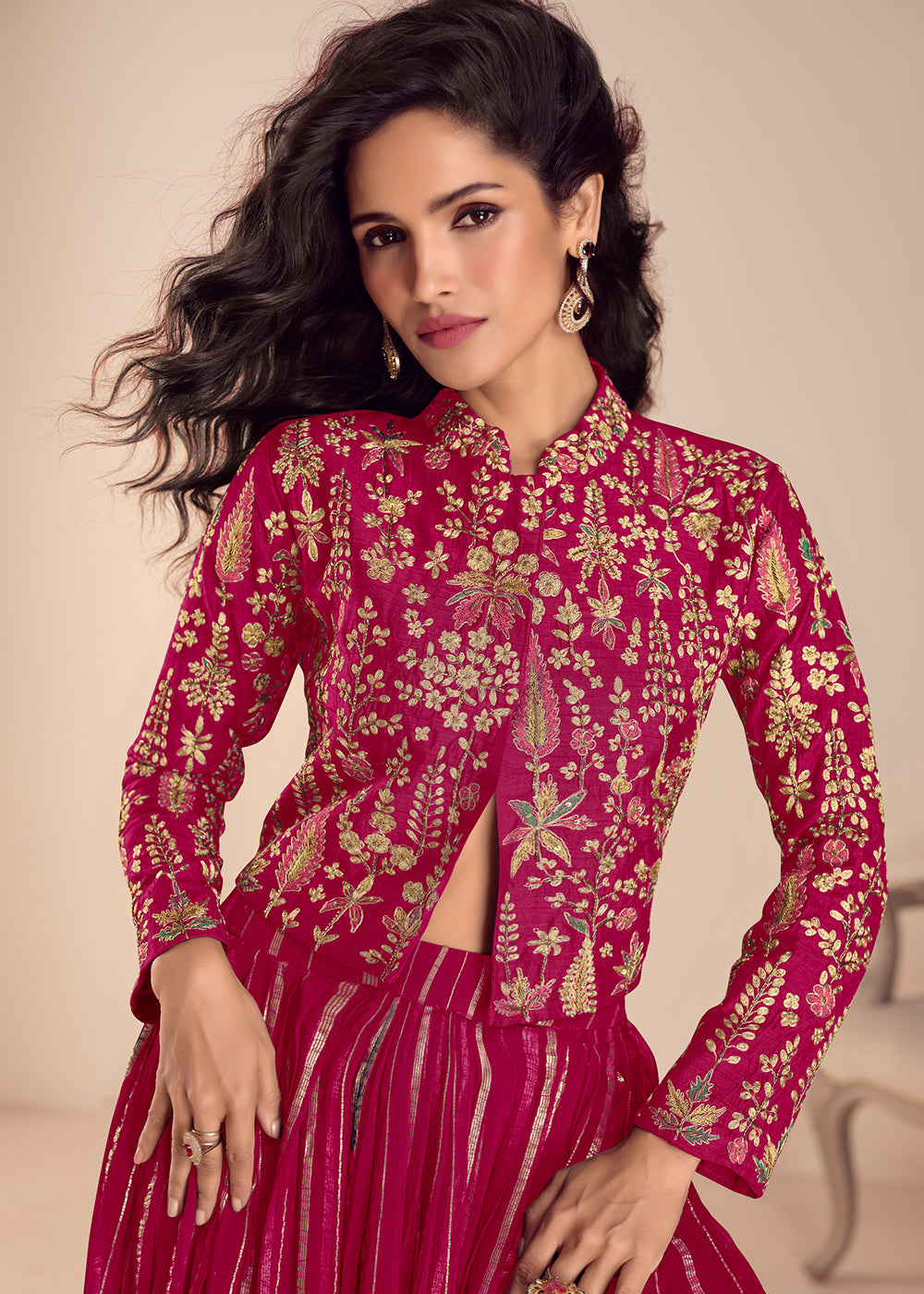 Buy Now Pink Stylist Top Style Skirt Silk Indo Western Dress Online in US, UK, Canada, Netherlands, Germany, Italy, France, Sweden, UAE & Worldwide at Empress.