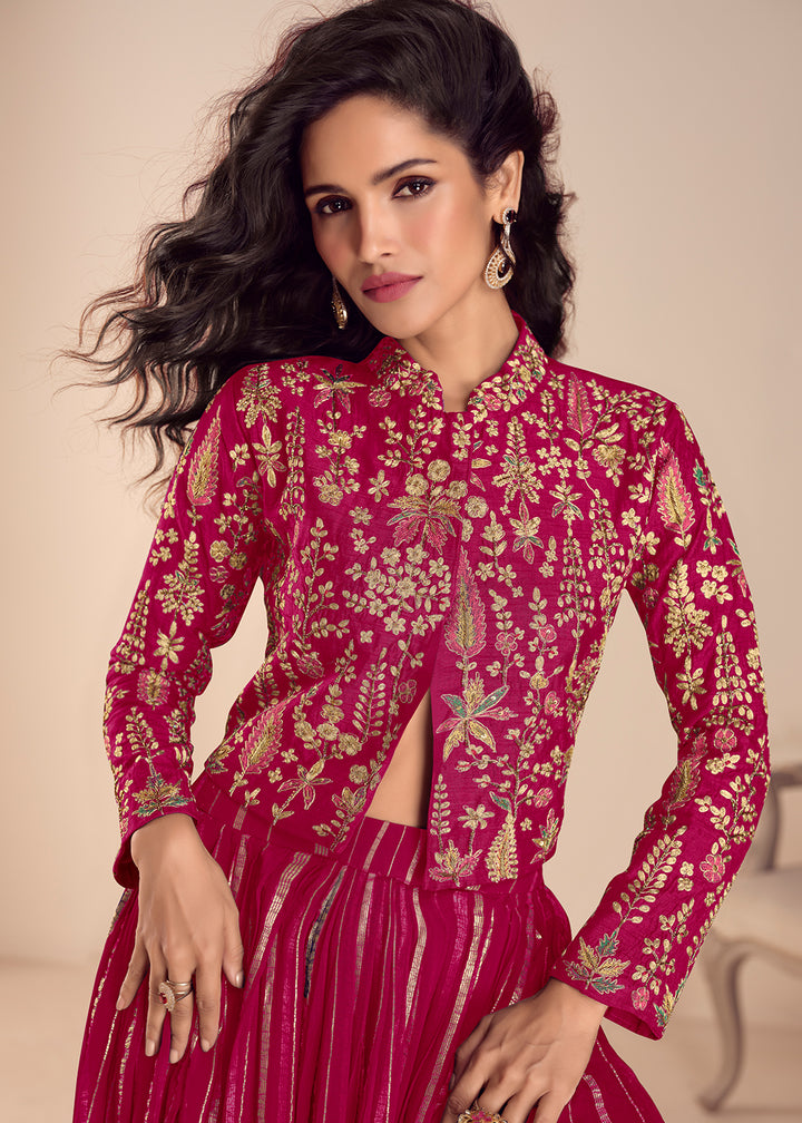 Buy Now Pink Stylist Top Style Skirt Silk Indo Western Dress Online in US, UK, Canada, Netherlands, Germany, Italy, France, Sweden, UAE & Worldwide at Empress.