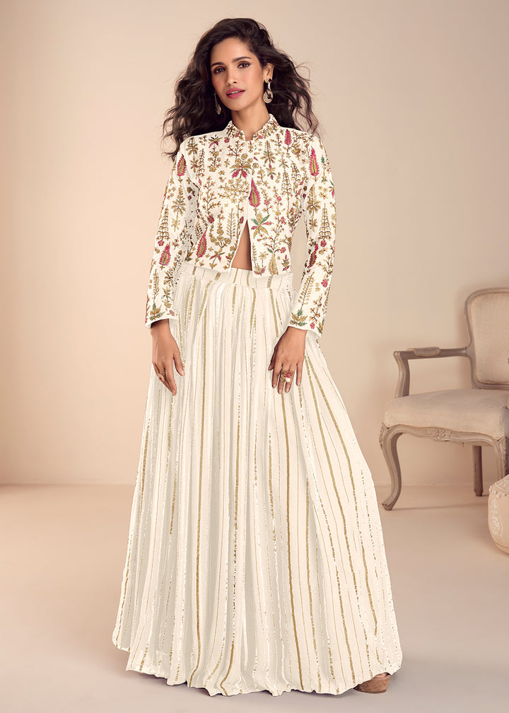 Buy Now White Stylist Top Style Skirt Silk Indo Western Dress Online in US, UK, Canada, Netherlands, Germany, Italy, France, Sweden, UAE & Worldwide at Empress.