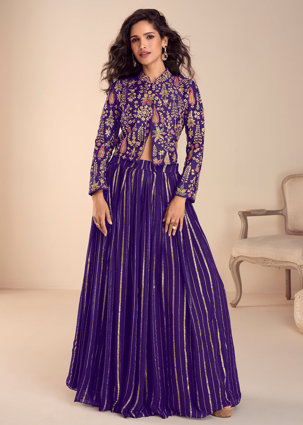 Buy Now Purple Stylist Top Style Skirt Silk Indo Western Dress Online in US, UK, Canada, Netherlands, Germany, Italy, France, Sweden, UAE & Worldwide at Empress.