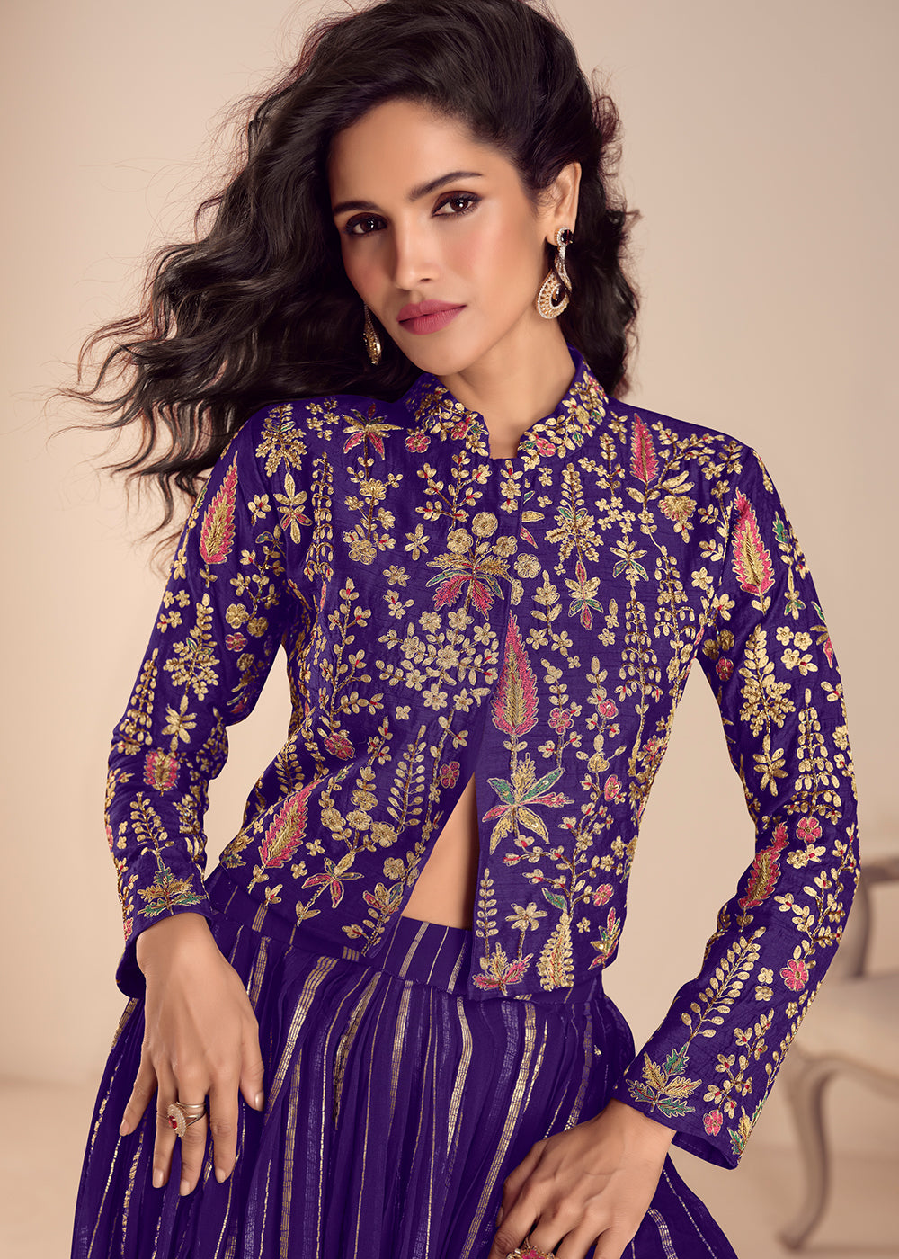 Buy Now Purple Stylist Top Style Skirt Silk Indo Western Dress Online in US, UK, Canada, Netherlands, Germany, Italy, France, Sweden, UAE & Worldwide at Empress.