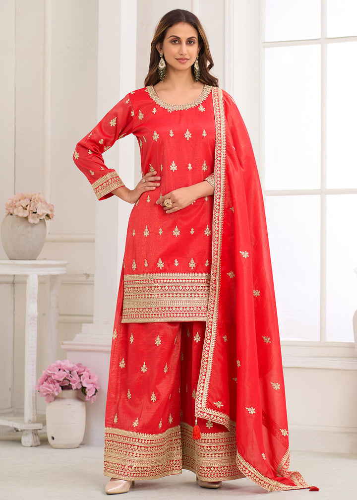 Buy Now Real Shimmer Silk Red Embroidered Palazzo Style Dress Online in US, UK, Canada, Netherlands, Germany, Italy, France, Sweden & Worldwide at Empress