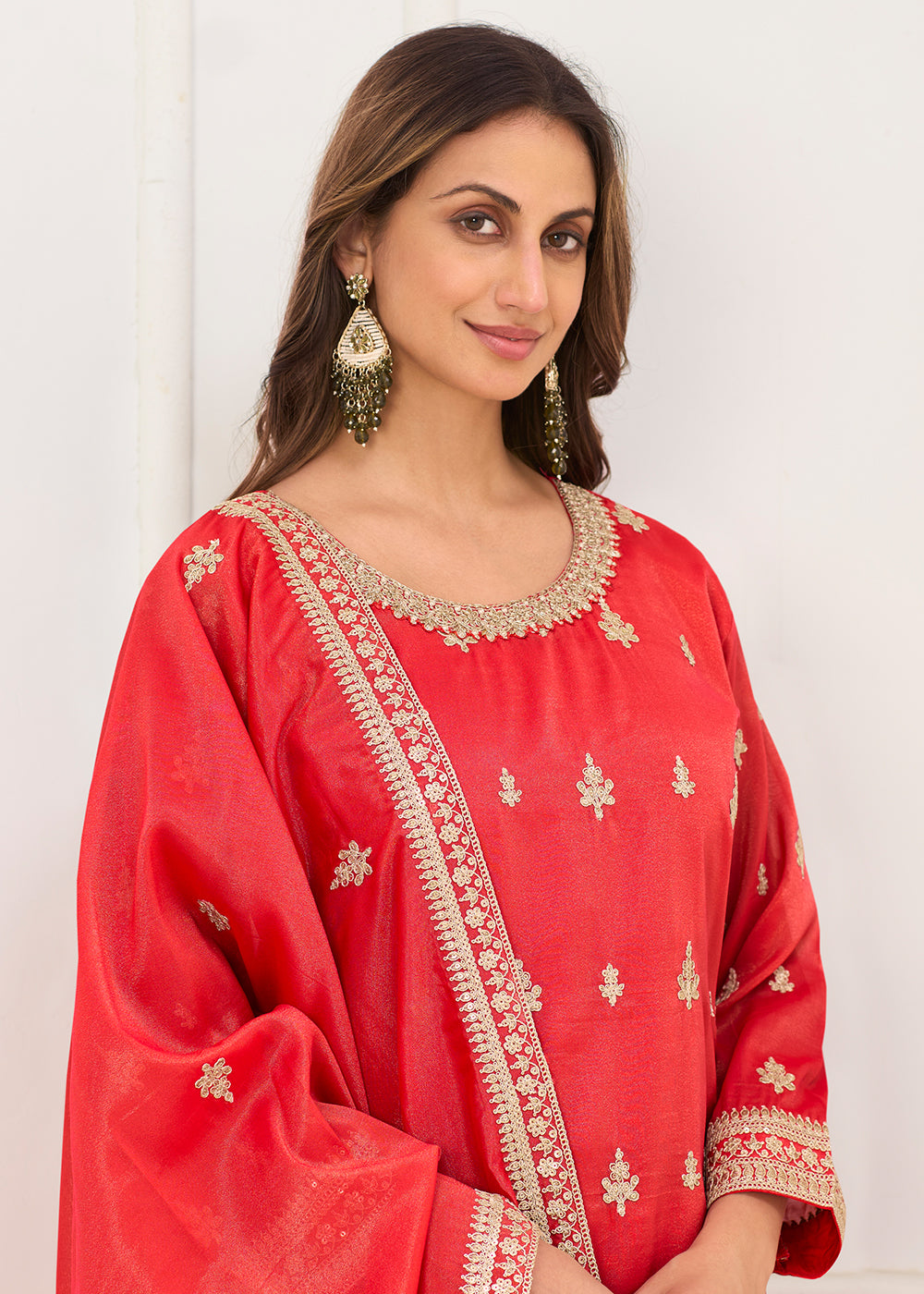 Buy Now Real Shimmer Silk Red Embroidered Palazzo Style Dress Online in US, UK, Canada, Netherlands, Germany, Italy, France, Sweden & Worldwide at Empress