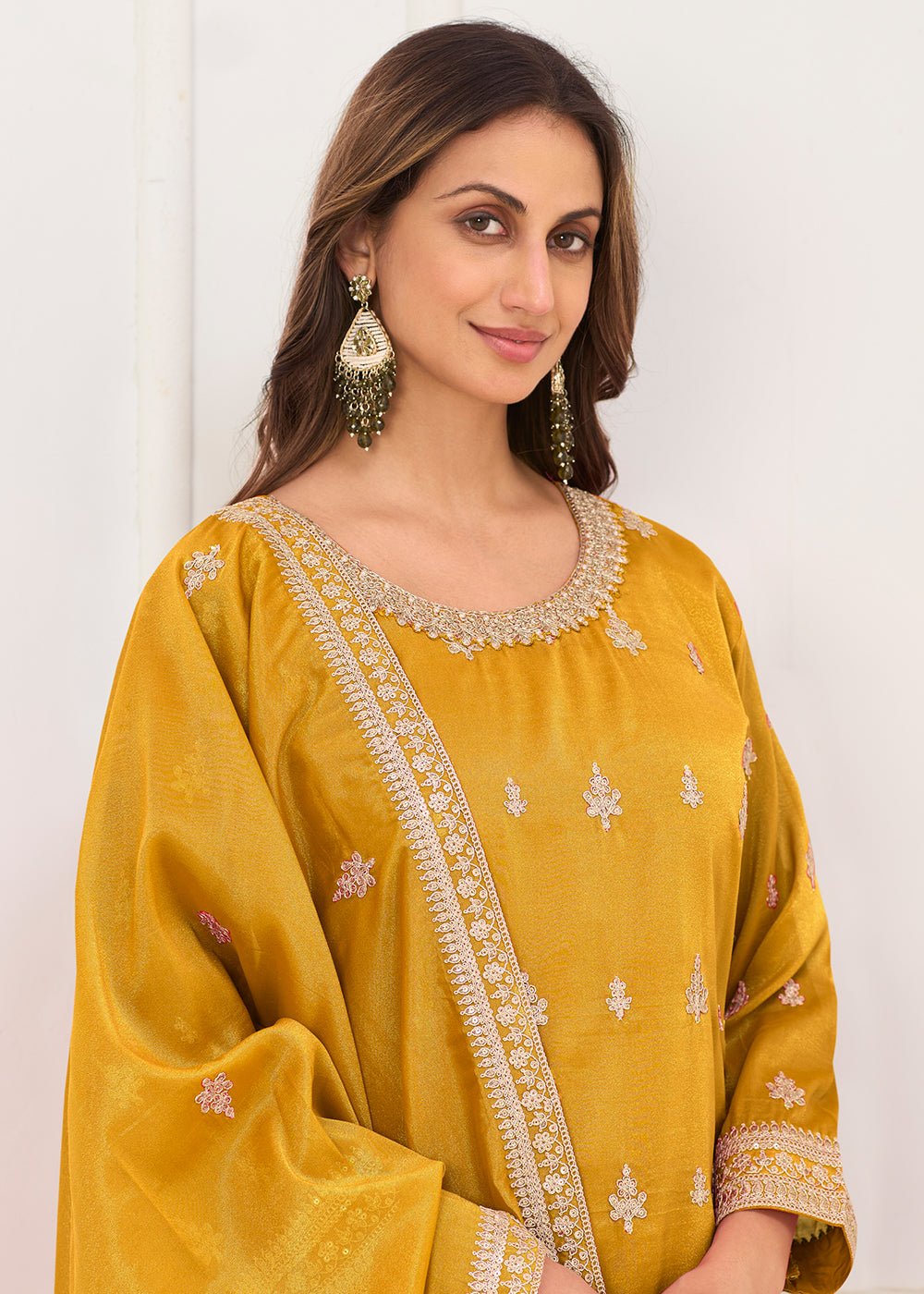 Buy Now Real Shimmer Silk Mustard Embroidered Palazzo Style Dress Online in US, UK, Canada, Netherlands, Germany, Italy, France, Sweden & Worldwide at Empress.