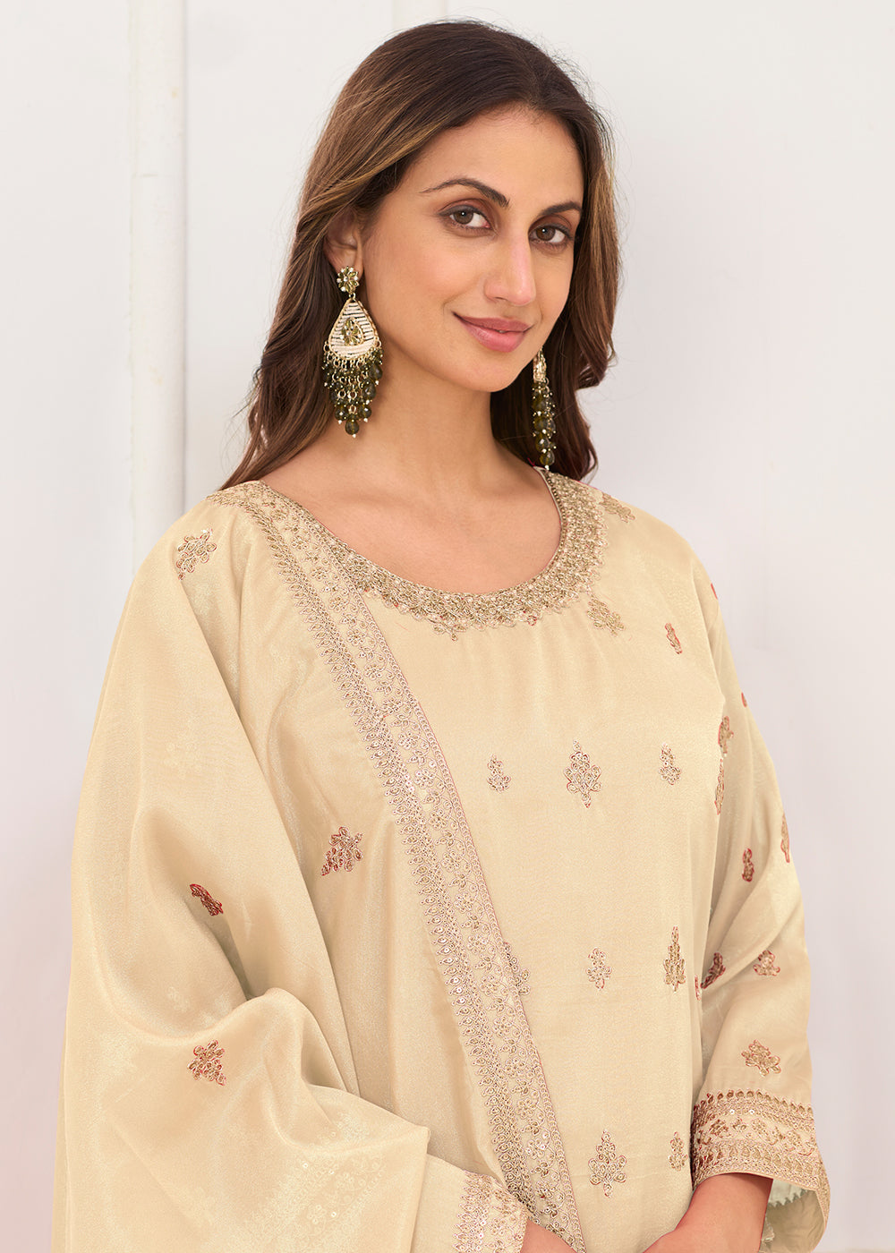 Buy Now Real Shimmer Silk Cream Embroidered Palazzo Style Dress Online in US, UK, Canada, Netherlands, Germany, Italy, France, Sweden & Worldwide at Empress.