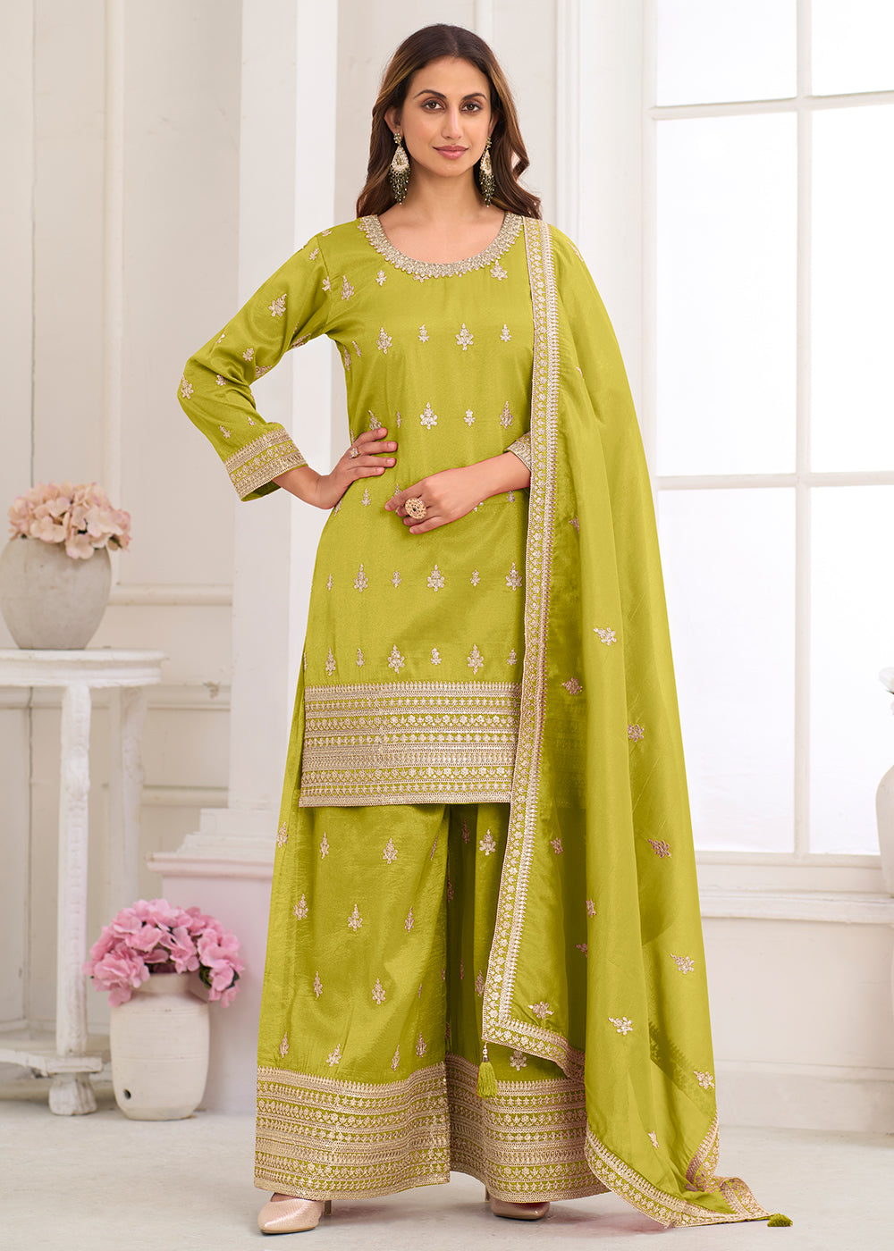 Buy Now Real Shimmer Silk Green Embroidered Palazzo Style Dress Online in US, UK, Canada, Netherlands, Germany, Italy, France, Sweden & Worldwide at Empress.
