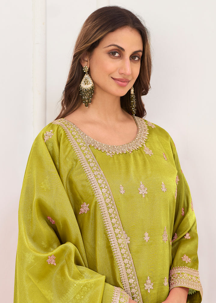 Buy Now Real Shimmer Silk Green Embroidered Palazzo Style Dress Online in US, UK, Canada, Netherlands, Germany, Italy, France, Sweden & Worldwide at Empress.