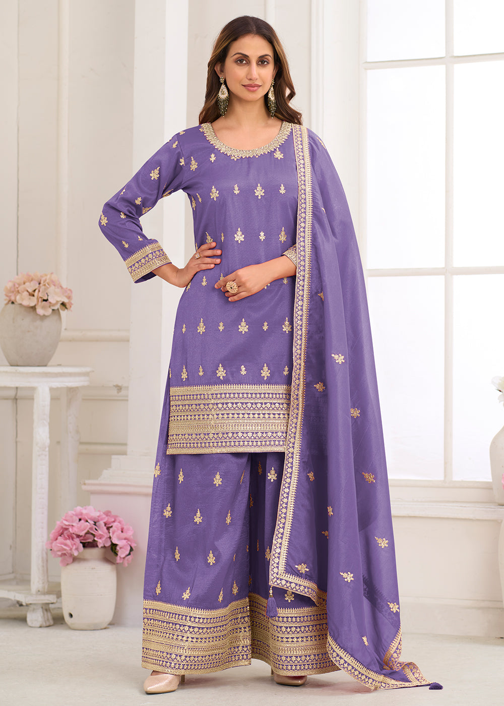 Buy Now Real Shimmer Silk Purple Embroidered Palazzo Style Dress Online in US, UK, Canada, Netherlands, Germany, Italy, France, Sweden & Worldwide at Empress.