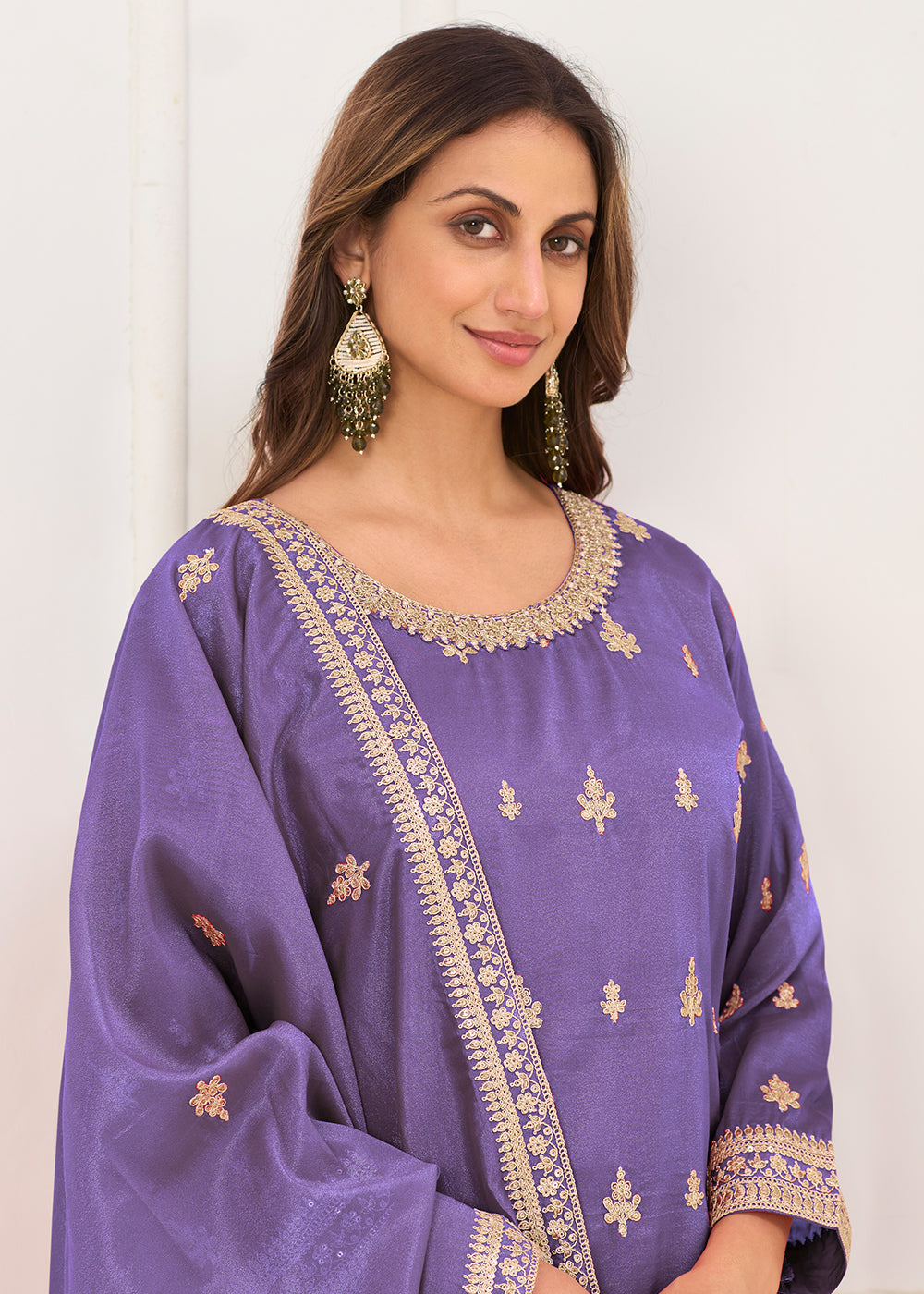 Buy Now Real Shimmer Silk Purple Embroidered Palazzo Style Dress Online in US, UK, Canada, Netherlands, Germany, Italy, France, Sweden & Worldwide at Empress.