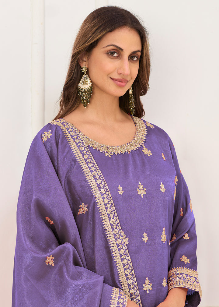 Buy Now Real Shimmer Silk Purple Embroidered Palazzo Style Dress Online in US, UK, Canada, Netherlands, Germany, Italy, France, Sweden & Worldwide at Empress.
