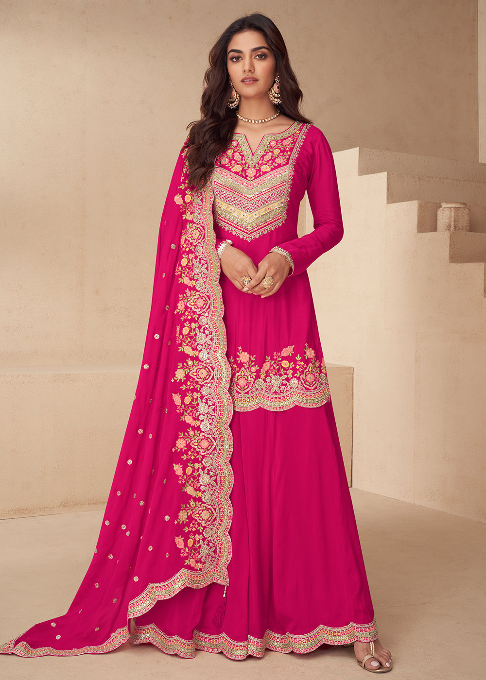 Buy Now Rani Pink Embroidered Work Festive Style Palazzo Suit Online in US, UK, Canada, Netherlands, Germany, Italy, France, Sweden, UAE & Worldwide at Empress.