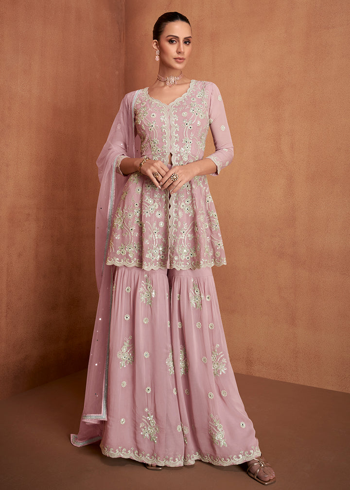 Shop Now Blush Pink Georgette Embroidery Eid Wear Gharara Suit Online at Empress in USA, UK, Canada, Italy, Germany, France, Greece, Sweden, UAE & Worldwide.