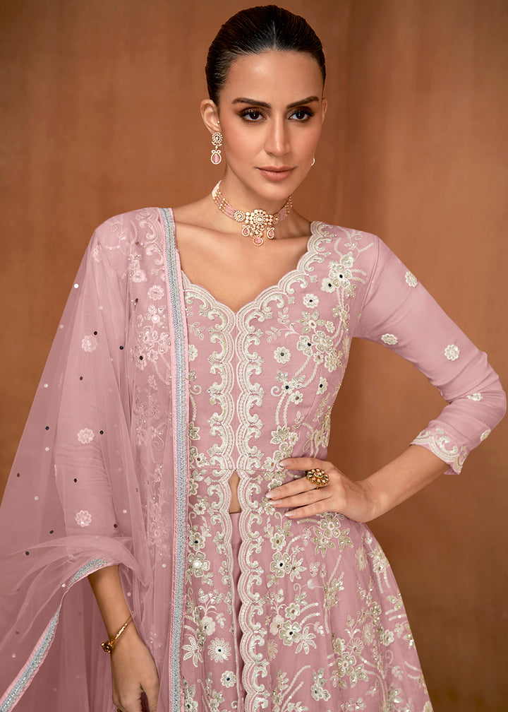 Shop Now Blush Pink Georgette Embroidery Eid Wear Gharara Suit Online at Empress in USA, UK, Canada, Italy, Germany, France, Greece, Sweden, UAE & Worldwide.