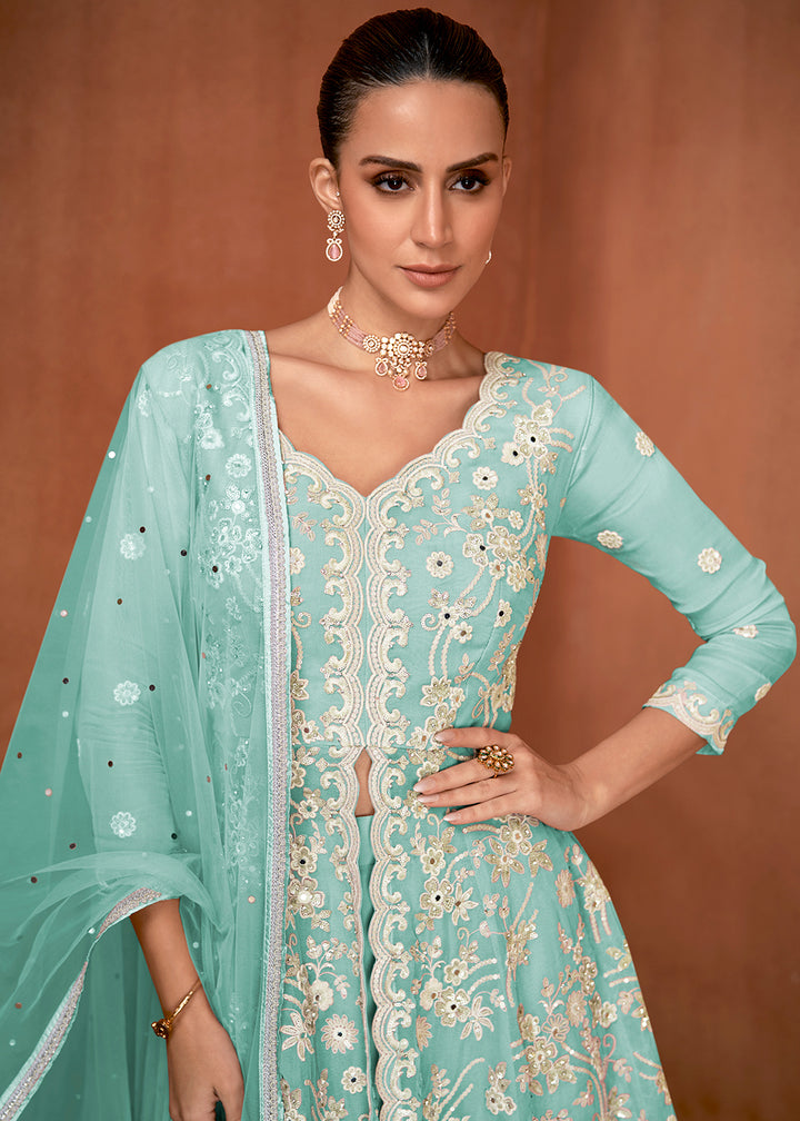 Shop Now Mint Blue Georgette Embroidery Eid Wear Gharara Suit Online at Empress in USA, UK, Canada, Italy, Germany, France, Greece, Sweden, UAE & Worldwide.