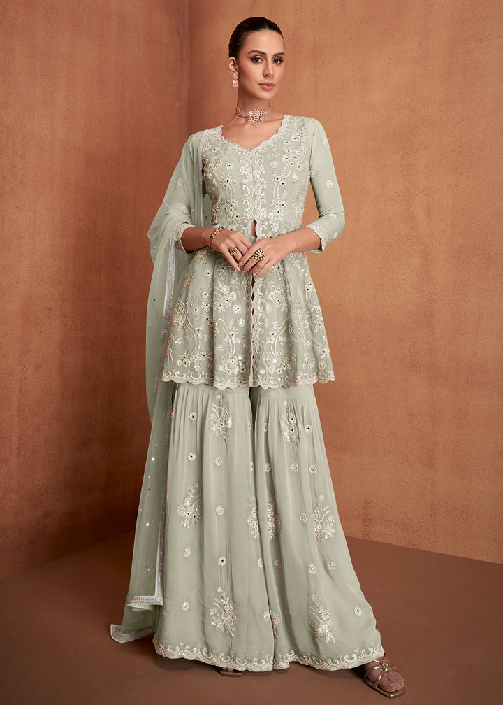 Shop Now Grey Green Georgette Embroidery Eid Wear Gharara Suit Online at Empress in USA, UK, Canada, Italy, Germany, France, Greece, Sweden, UAE & Worldwide.