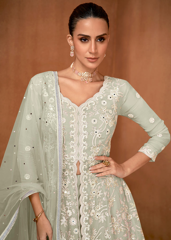 Shop Now Grey Green Georgette Embroidery Eid Wear Gharara Suit Online at Empress in USA, UK, Canada, Italy, Germany, France, Greece, Sweden, UAE & Worldwide.