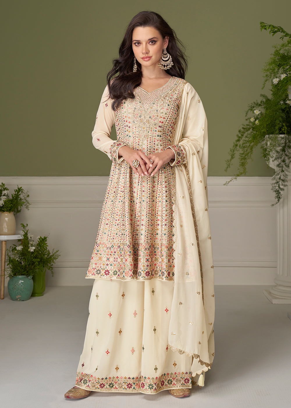 Buy Now Georgette Hand Embroidered Cream Palazzo Suit Online in New York, Toronto, Newark, Katy, Houston, Fremont, Dubai, Nevada, Kansas & Worldwide at Empress.