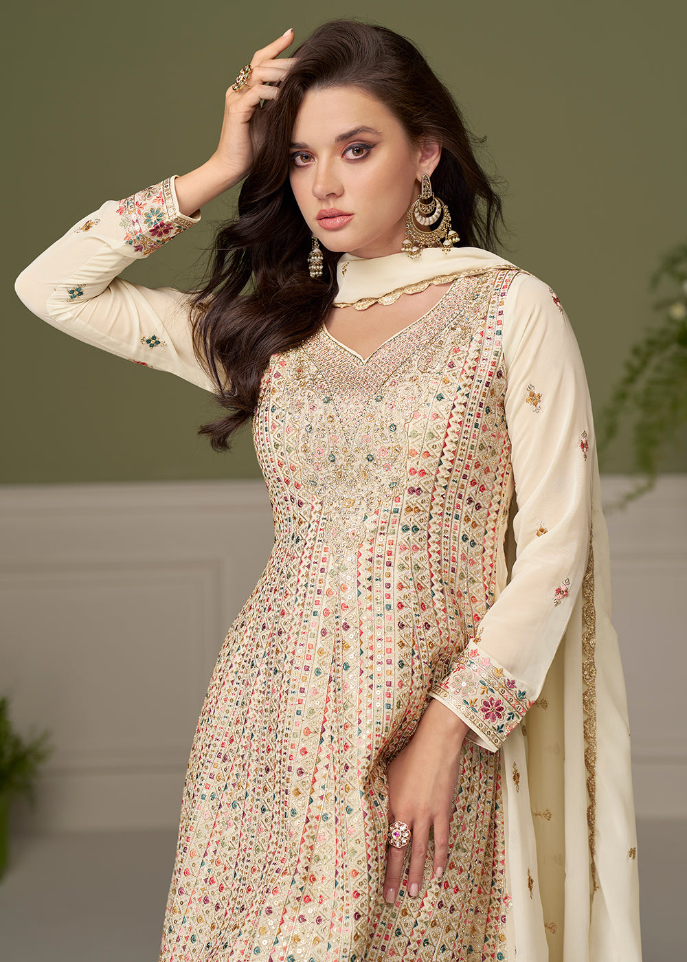Buy Now Georgette Hand Embroidered Cream Palazzo Suit Online in New York, Toronto, Newark, Katy, Houston, Fremont, Dubai, Nevada, Kansas & Worldwide at Empress.