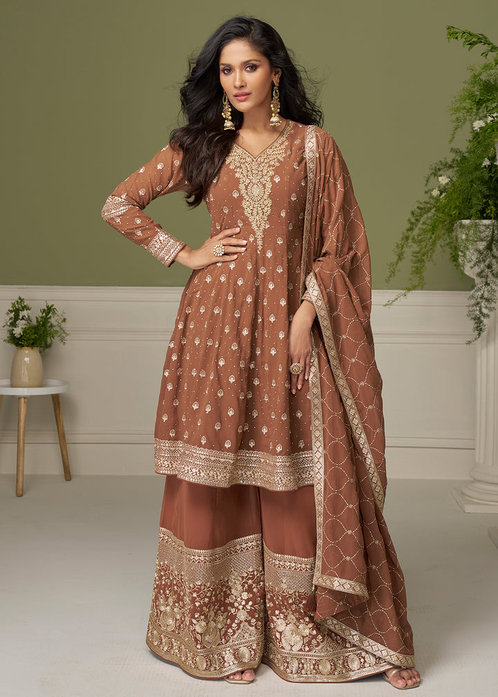 Buy Now Georgette Hand Embroidered Brown Palazzo Suit Online in New York, Toronto, Newark, Katy, Houston, Fremont, Dubai, Nevada, Kansas & Worldwide at Empress.