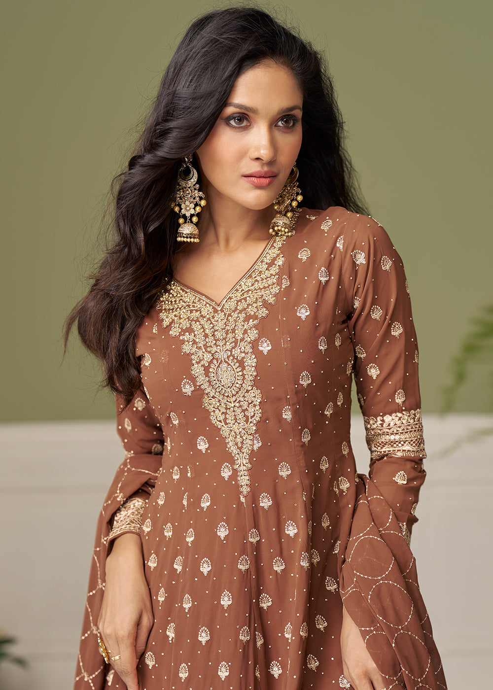 Buy Now Georgette Hand Embroidered Brown Palazzo Suit Online in New York, Toronto, Newark, Katy, Houston, Fremont, Dubai, Nevada, Kansas & Worldwide at Empress.