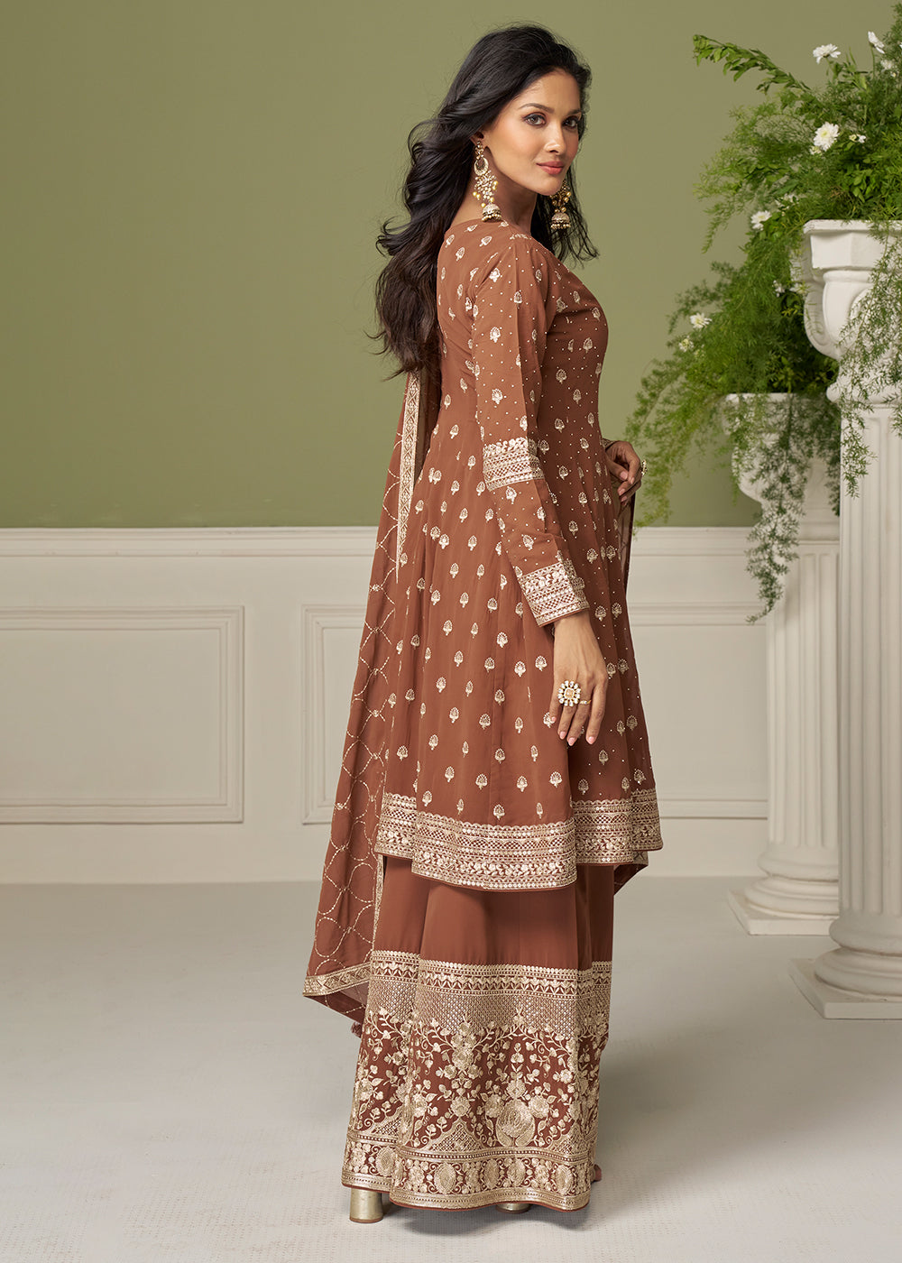 Buy Now Georgette Hand Embroidered Brown Palazzo Suit Online in New York, Toronto, Newark, Katy, Houston, Fremont, Dubai, Nevada, Kansas & Worldwide at Empress.