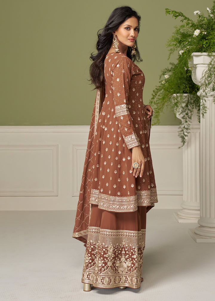 Buy Now Georgette Hand Embroidered Brown Palazzo Suit Online in New York, Toronto, Newark, Katy, Houston, Fremont, Dubai, Nevada, Kansas & Worldwide at Empress.