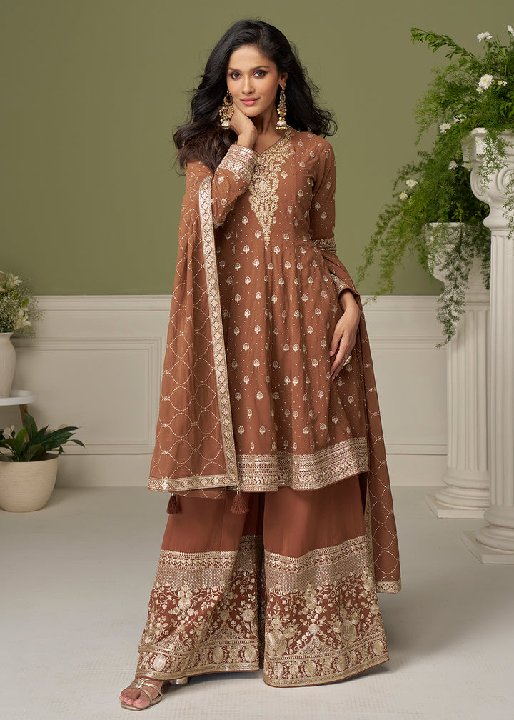 Buy Now Georgette Hand Embroidered Brown Palazzo Suit Online in New York, Toronto, Newark, Katy, Houston, Fremont, Dubai, Nevada, Kansas & Worldwide at Empress.