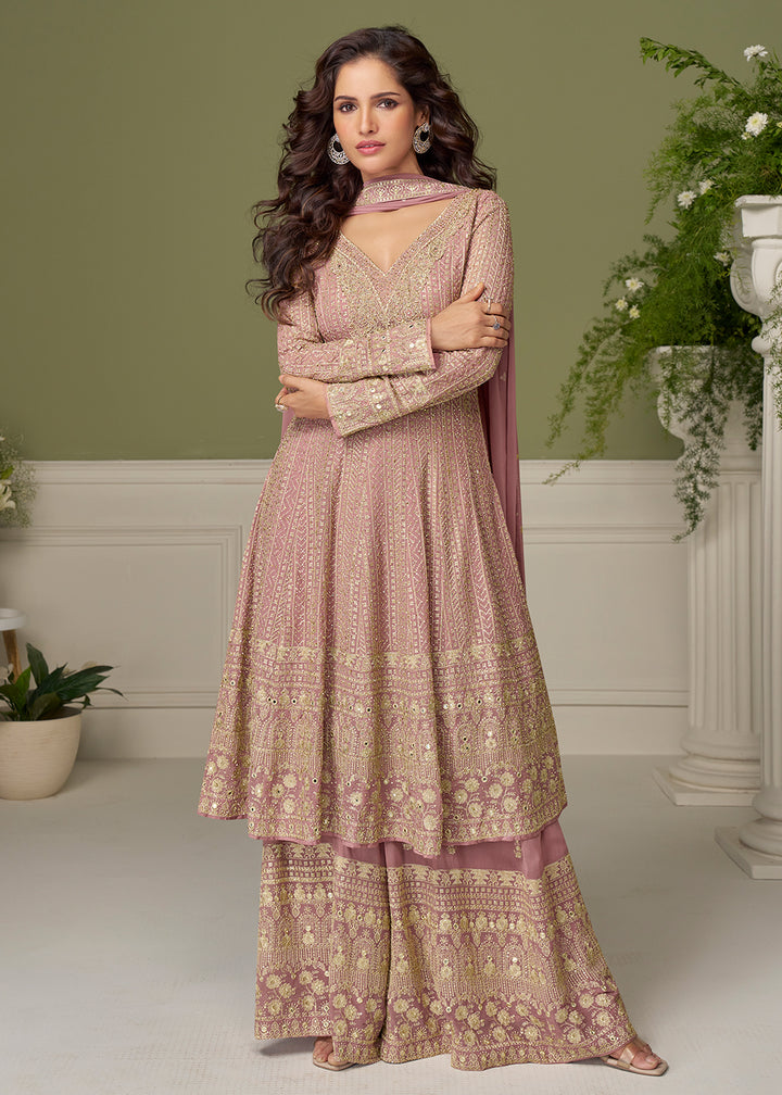 Buy Now Georgette Hand Embroidered Pink Palazzo Suit Online in New York, Toronto, Newark, Katy, Houston, Fremont, Dubai, Nevada, Kansas & Worldwide at Empress.