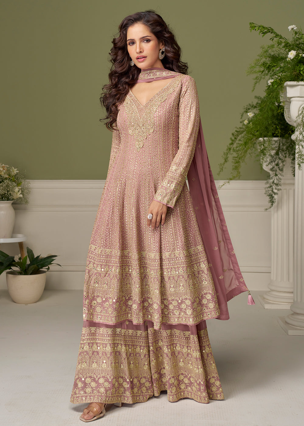 Buy Now Georgette Hand Embroidered Pink Palazzo Suit Online in New York, Toronto, Newark, Katy, Houston, Fremont, Dubai, Nevada, Kansas & Worldwide at Empress.