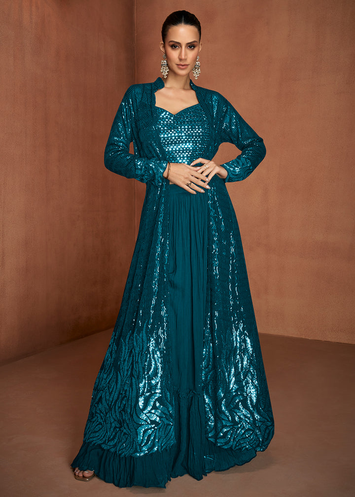 Buy Now Teal Blue Crop Top with Jacket Style Indo Western Dress Online in US, UK, Canada, Netherlands, Germany, Italy, France, Sweden & Worldwide at Empress.