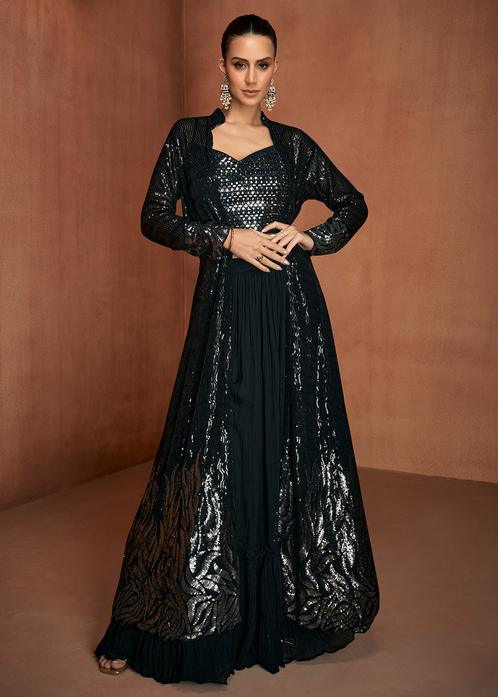 Buy Now Chic Black Crop Top with Jacket Style Indo Western Dress Online in US, UK, Canada, Netherlands, Germany, Italy, France, Sweden & Worldwide at Empress.