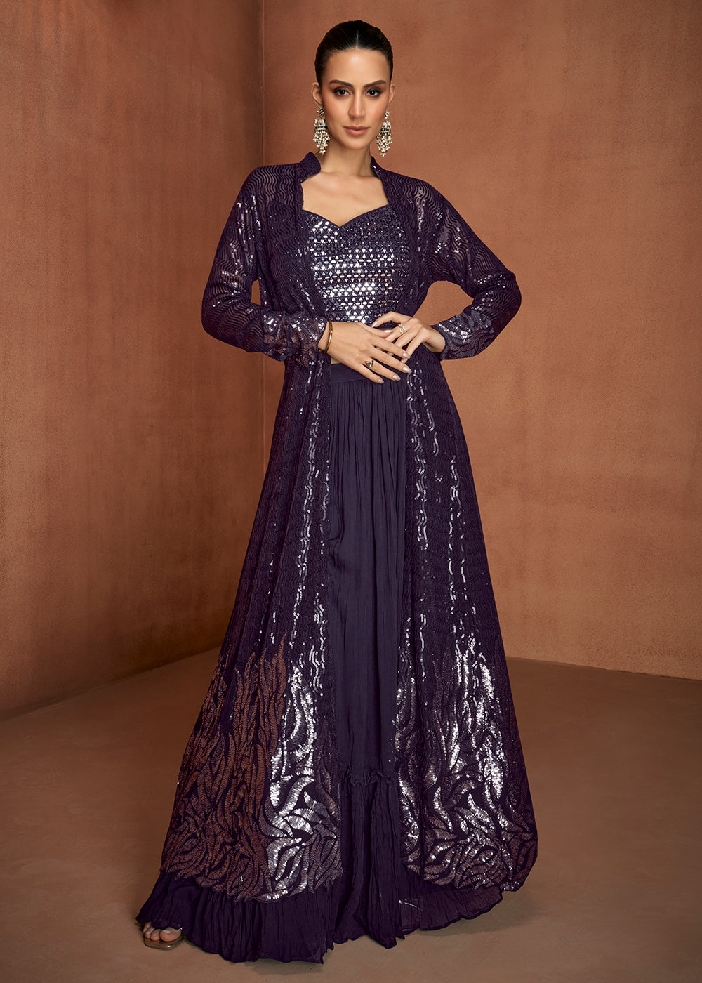 Buy Indo Western Dress US - Teal Blue Crop Top with Jacket Style Dress Empress Clothing Buy Indo Western Dress US - Teal Blue Crop Top with Jacket Style Dress Empress Clothing