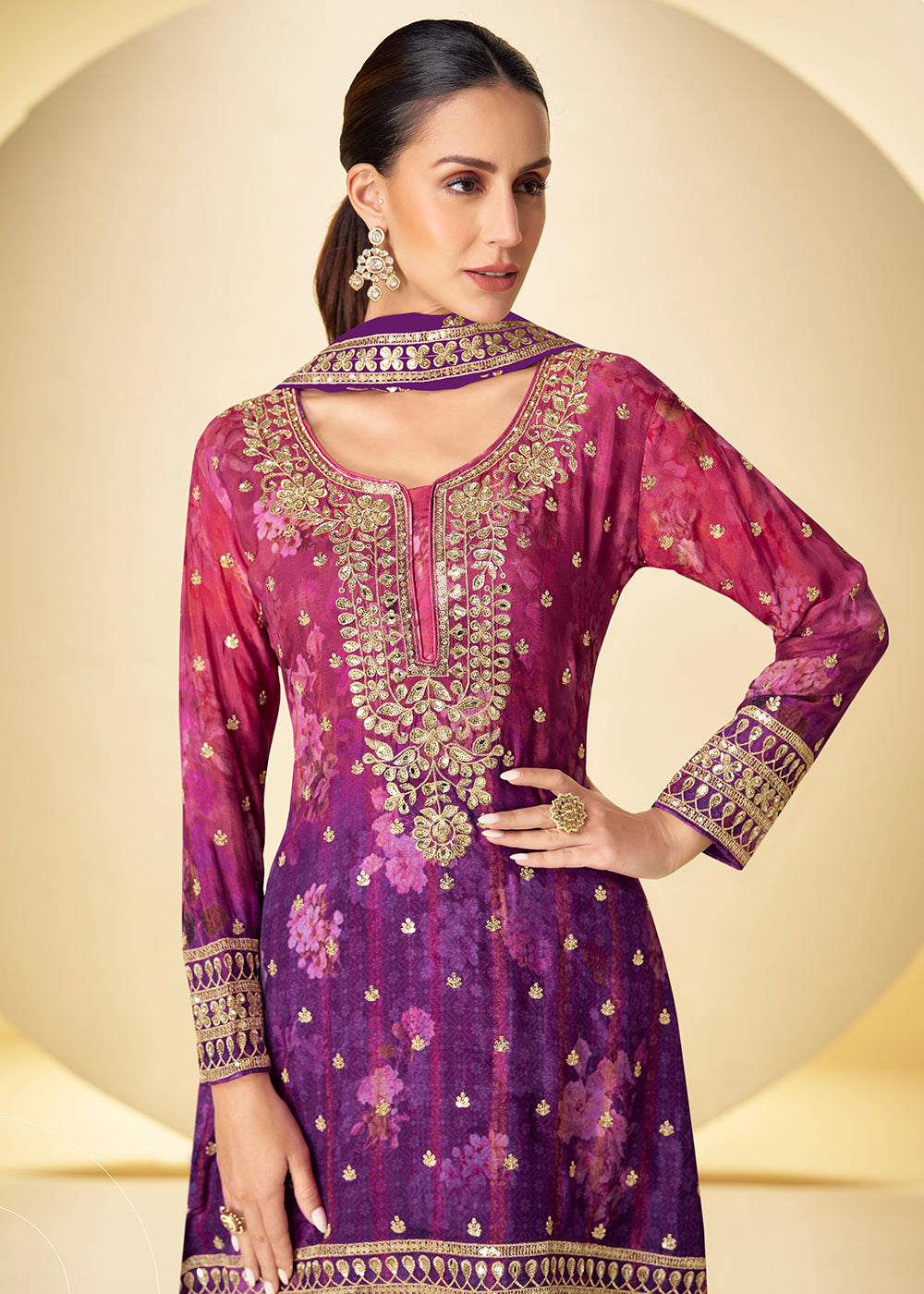 Buy Now Shaded Purple Mirror & Sequins Palazzo Style Suit Online in US, UK, Canada, Netherlands, Germany, Italy, France, Sweden, UAE & Worldwide at Empress.