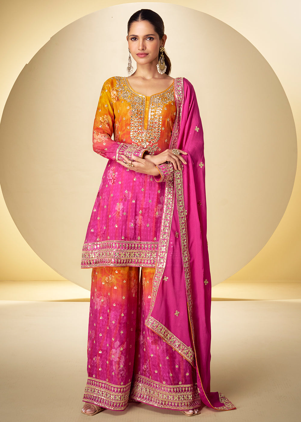 Buy Now Shaded  Pink Mirror & Sequins Palazzo Style Suit Online in US, UK, Canada, Netherlands, Germany, Italy, France, Sweden, UAE & Worldwide at Empress.