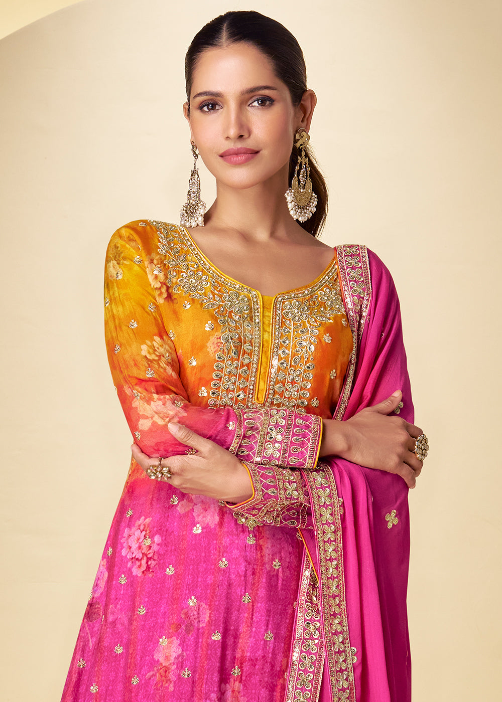 Buy Now Shaded  Pink Mirror & Sequins Palazzo Style Suit Online in US, UK, Canada, Netherlands, Germany, Italy, France, Sweden, UAE & Worldwide at Empress.