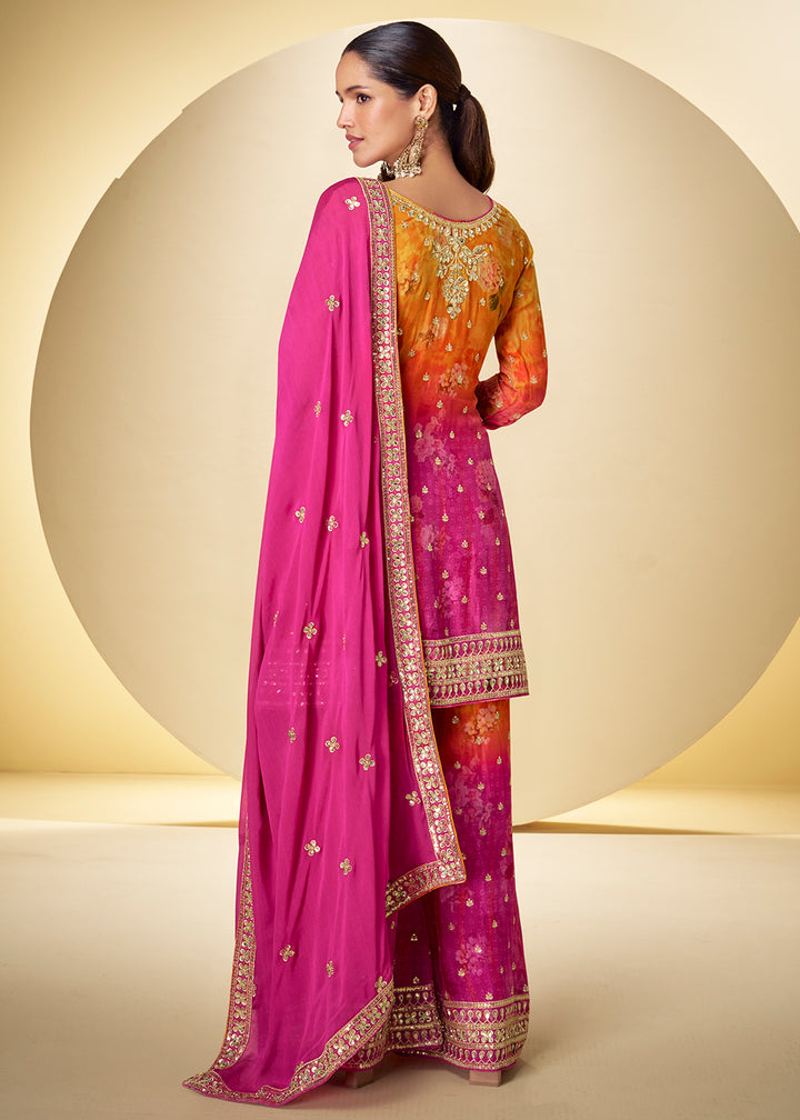 Buy Now Shaded  Pink Mirror & Sequins Palazzo Style Suit Online in US, UK, Canada, Netherlands, Germany, Italy, France, Sweden, UAE & Worldwide at Empress.