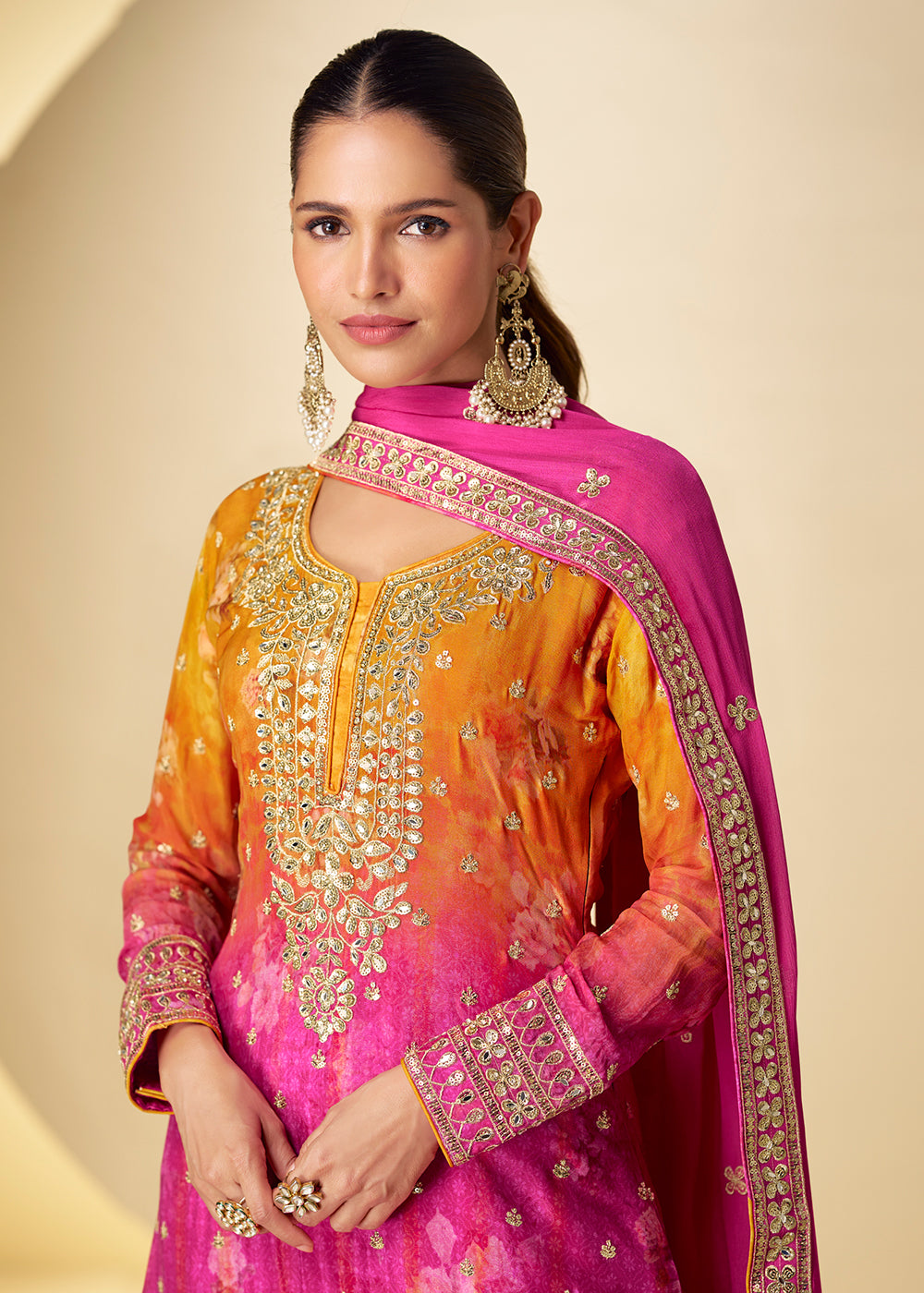 Buy Now Shaded  Pink Mirror & Sequins Palazzo Style Suit Online in US, UK, Canada, Netherlands, Germany, Italy, France, Sweden, UAE & Worldwide at Empress.