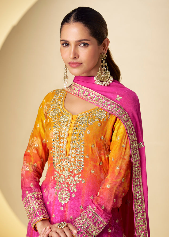 Buy Now Shaded  Pink Mirror & Sequins Palazzo Style Suit Online in US, UK, Canada, Netherlands, Germany, Italy, France, Sweden, UAE & Worldwide at Empress.