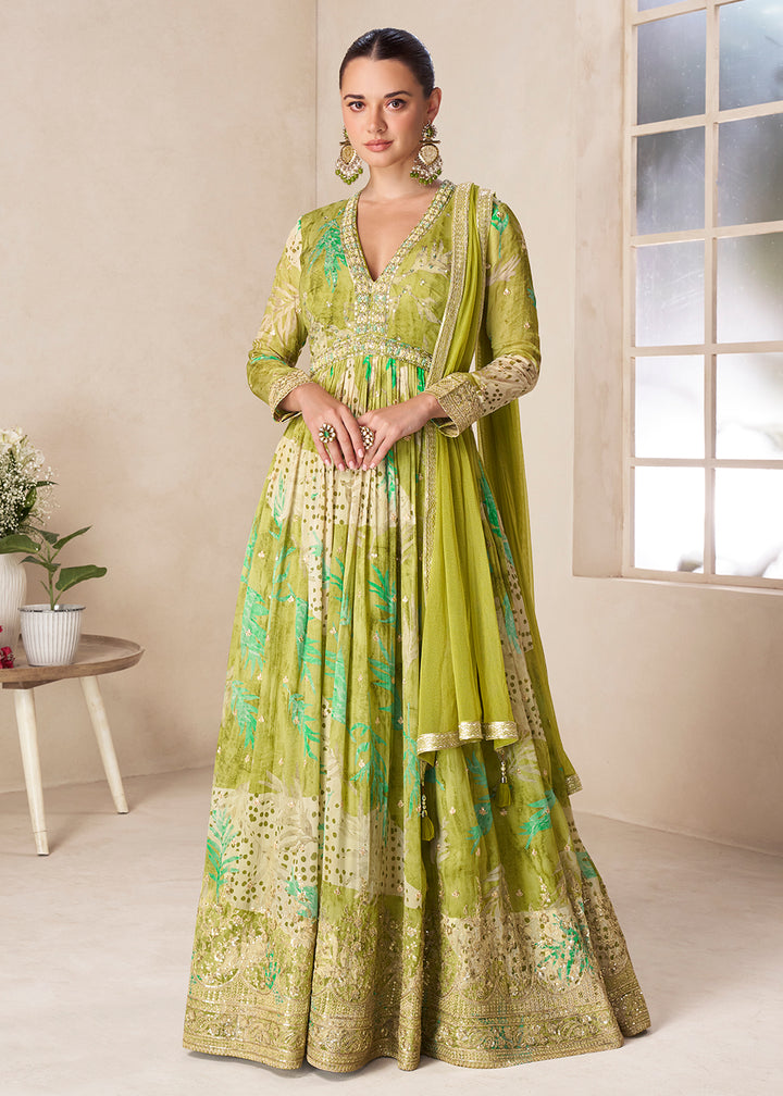Buy Now Lime Green Floral Digital Printed Festive Anarkali Gown Online in US, UK, Canada, France, Italy, Sweden, Ireland, Denmark, UAE & Worldwide at Empress
