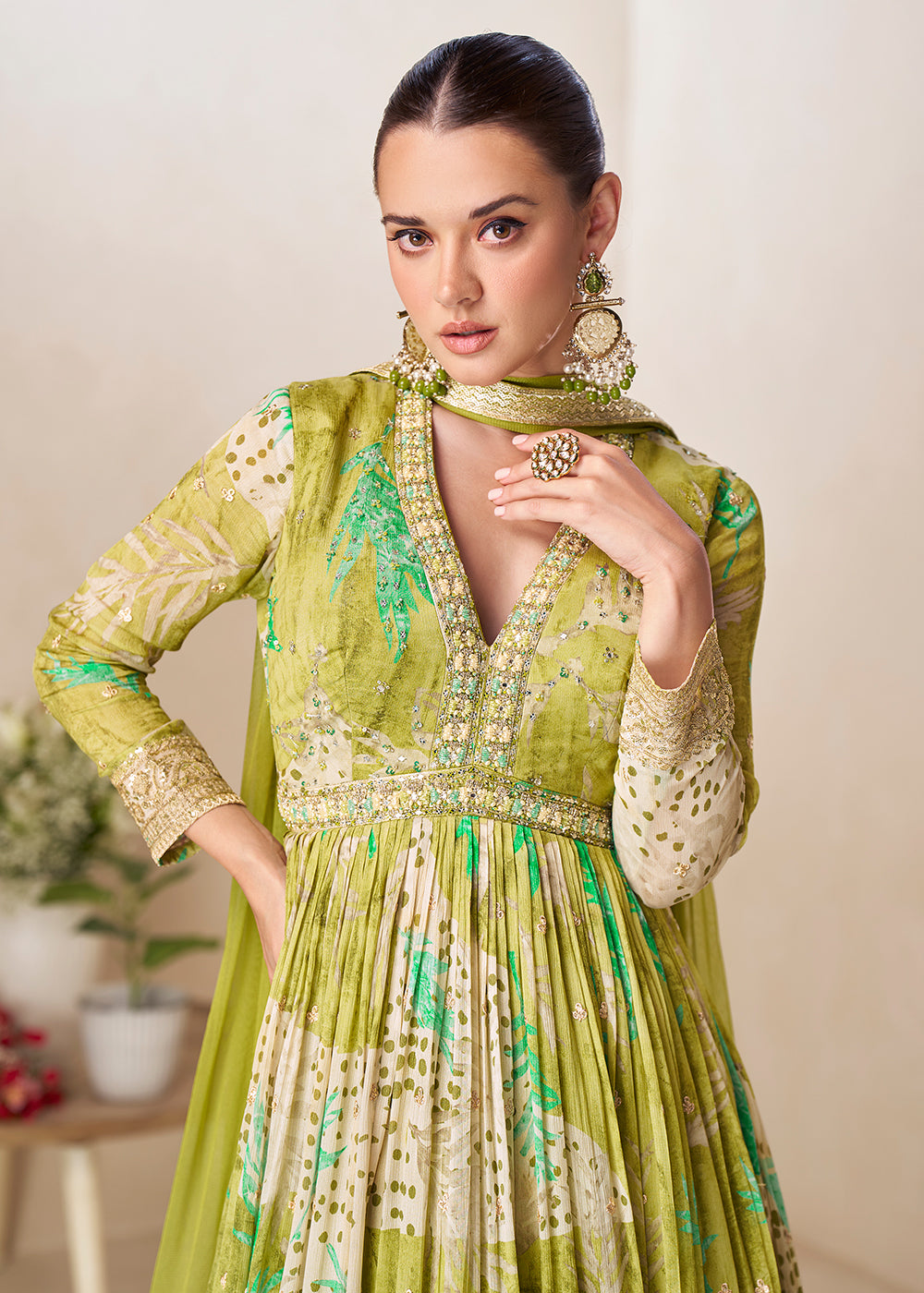 Buy Now Lime Green Floral Digital Printed Festive Anarkali Gown Online in US, UK, Canada, France, Italy, Sweden, Ireland, Denmark, UAE & Worldwide at Empress