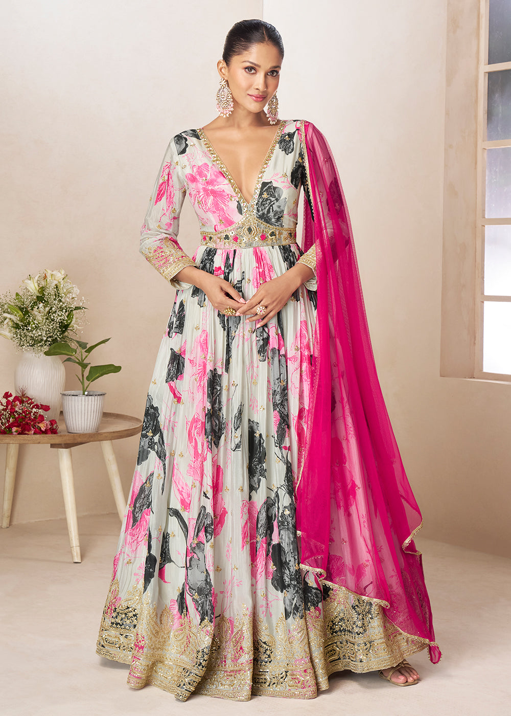 Buy Now Off White Floral Digital Printed Festive Anarkali Gown Online in US, UK, Canada, France, Italy, Sweden, Ireland, Denmark, UAE & Worldwide at Empress
