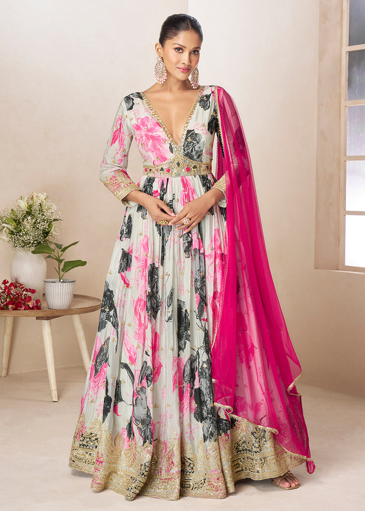 Buy Now Off White Floral Digital Printed Festive Anarkali Gown Online in US, UK, Canada, France, Italy, Sweden, Ireland, Denmark, UAE & Worldwide at Empress